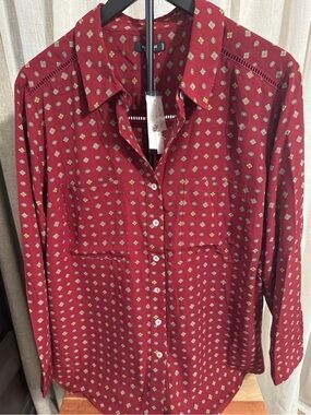 Patterned Red Button-Up Blouse
